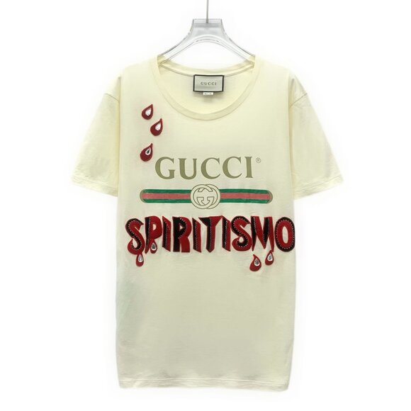 Gucci Beige Logo "Spiritismo" Rhinestone Cotton Short-Sleeve T-Shirt S - Picture 1 of 8